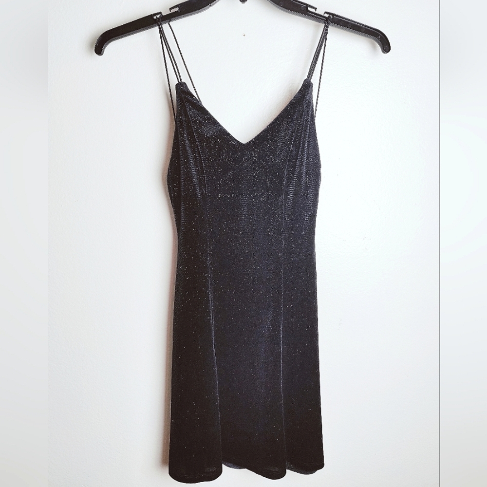 H&M Divided Black Velvet Sparkle Fit Flare Strappy Cocktail Dress, Sz XS